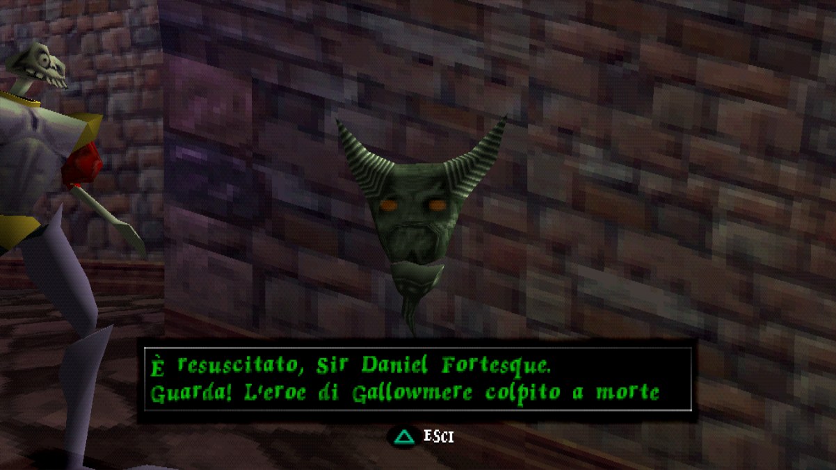 Sir Daniel Fortesque davanti alla maschera parlante con i sottotitoli in italiano