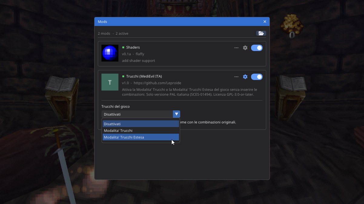 Pannello Mods con la mod Trucchi e il menu a tendina delle modalità
