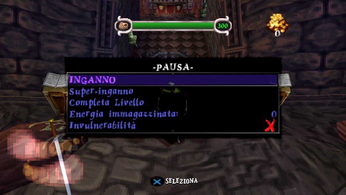 Menu di pausa con le voci Inganno, Super-inganno, Completa Livello, Energia immagazzinata e Invulnerabilità